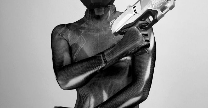 3D-Printed Robot - A black and white photo of a woman in a suit holding a gun